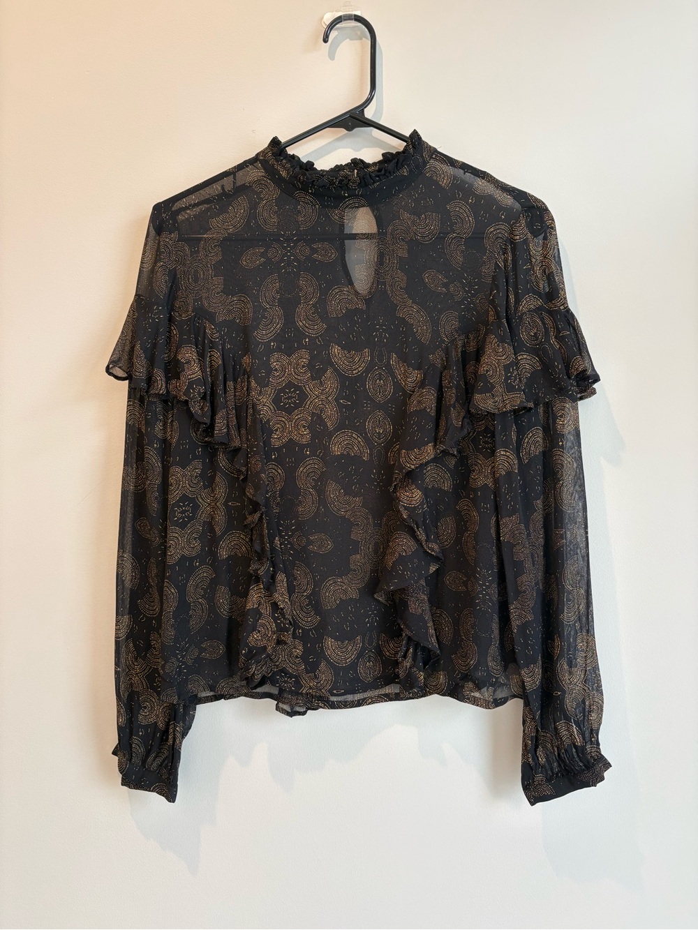 Lucky Brand Black Sheer Paisley Ruffle Blouse